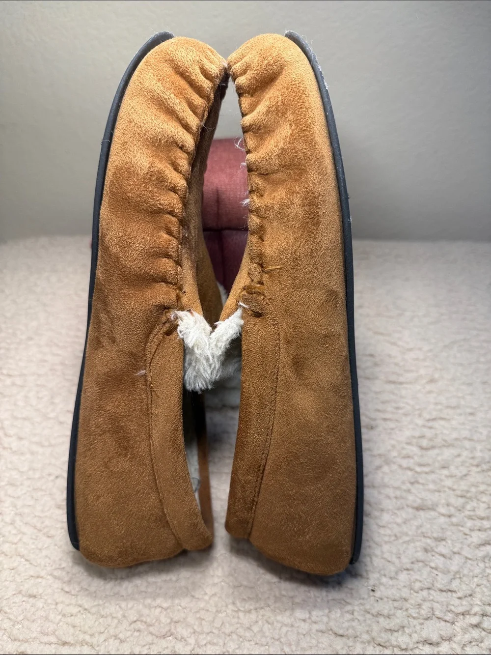 Stafford Tan Faux-Suede Slippers with White Fleece Lining (unisex, size 11-12)